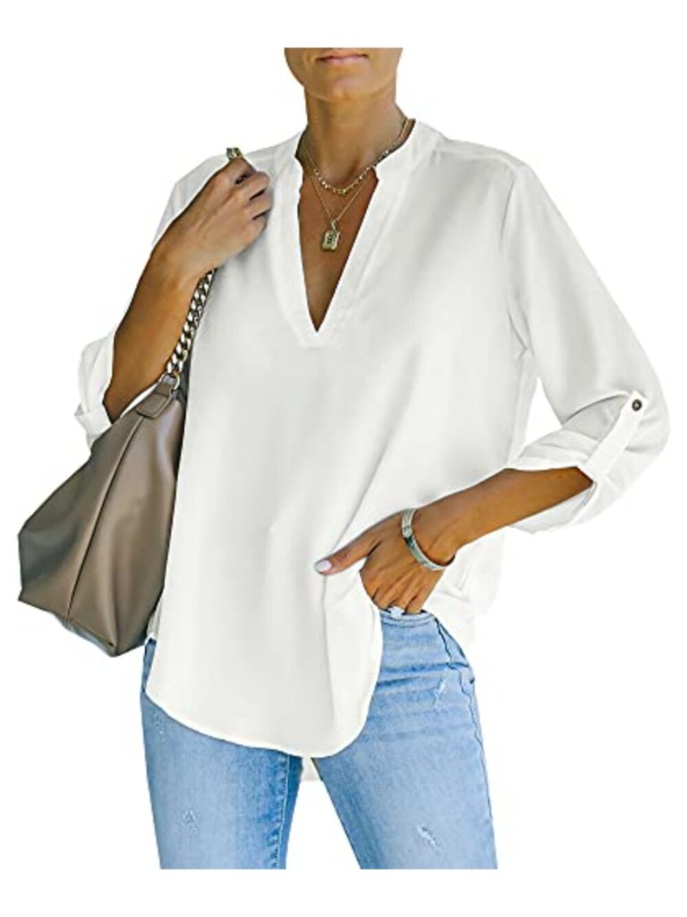 Womens Tunic Blouse V Neck Cuffed Sleeves Chiffon Loose Work Shirt